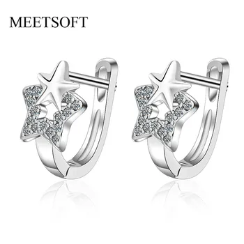 

MEETSOFT 925 Silver Prevent Allergy Hoop Earrings for Women Trendy Design Crystal Hollow Out Star Circle White Jewelry Gift