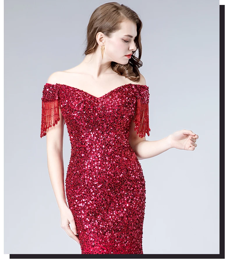 

Luxury Handmade beaded Wine red high-end shoulder bride toast slim luxury banquet hosting evening dress