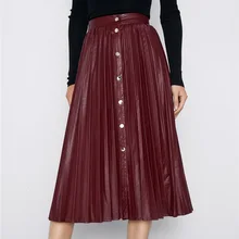 Весна Осень Мода Высокое качество PU плиссированные юбки для женщин Винтаж Moda Mujer Высокая талия до середины икры пуговицы Высокая талия юбка