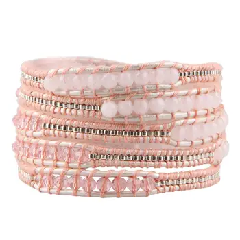 

KELITCH Crystal Pink Quartz Beads Bracelets Bangles Handamde 5 Wrap Leather Cuff Chain Bangles Adjustable Girls Brithday Gifts