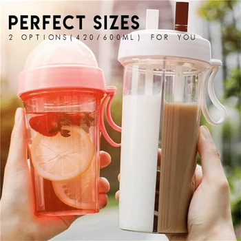 

420ml drinking cup double drink couple cup partition for 2 flavored drinks double straw cup fitness travel coffee cup 30D12