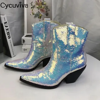 

BlingBling Glitter Ankle Boots For Women Gladiator Chunky Heel Short Chelsea Boots Slip On Martin Boots Runway Winter Lady Shoes