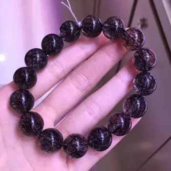 

13.5mm Genuine Natural Black Rutilated Quartz Bracelet Clear Beads Crystal Round Beads Bracelet For Women Men AAAAA