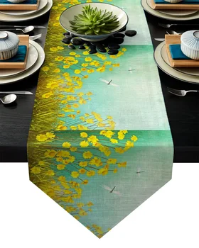 

Sunflower Blossom Dragonfly Yellow Green Plant Table Runner Table Flag Home Party Decorative Tablecloth Table Runners