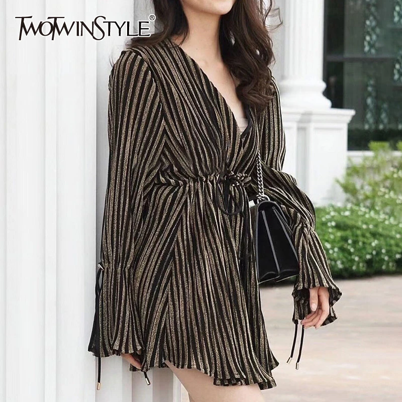 

TWOTWINSTYLE Striped Hollow Out Women's Dress V Neck Flare Sleeve High Waist Drawstring Elegant Dresses Female 2019 Fashion New