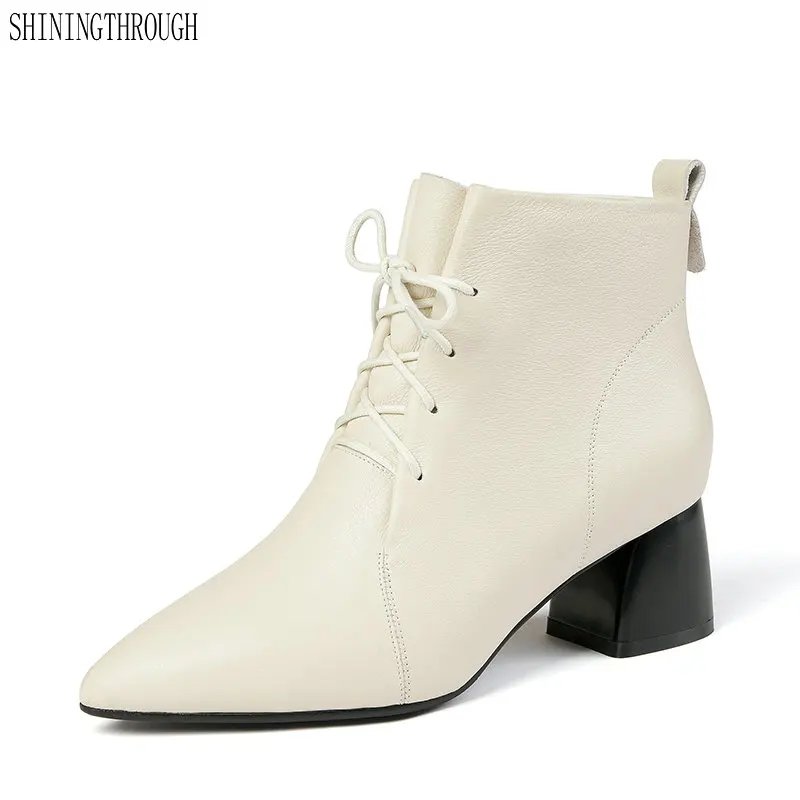 Brand Women Genuine Leather Ankle Boots High Heels lace up Elegant Office Pumps Retro Ladies Shoes Woman Boots