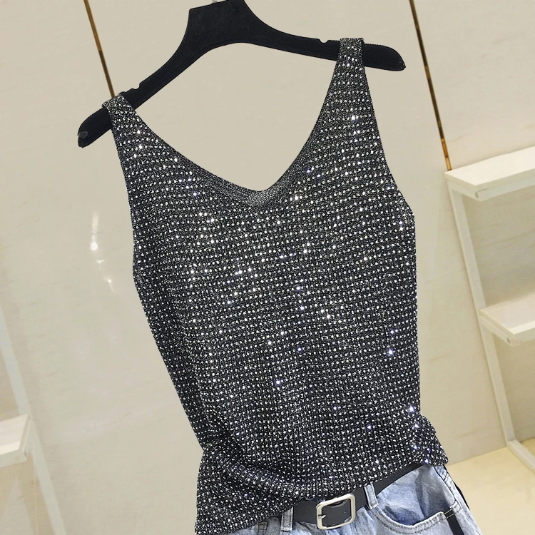 

summer fashion heavy duty hot drilling knitted sleeveless t-shirt women v-neck vest tops