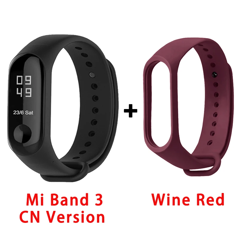CN wine red strap Origina Xiaomi Mi Band 3 4 смарт-Браслет фитнес-браслет большой сенсорный экран OLED частота сердечных сокращений сообщения Smartband - Цвет: CN wine red strap