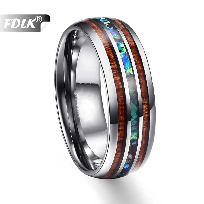 

FDLK Quality 8mm Hawaiian Koa Wood and Abalone Shell Stainless Steel Rings Wedding Bands for Men Jewelry