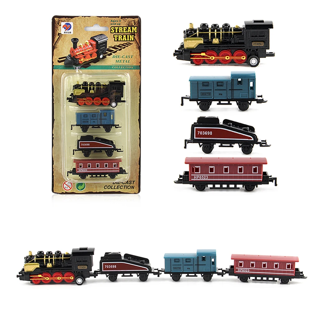 4Pcs Black Mini Steam Train Set, 1 Locomotive Engine and 3 Railway Carriages, Kids Toddler Fun Toy Collectibles