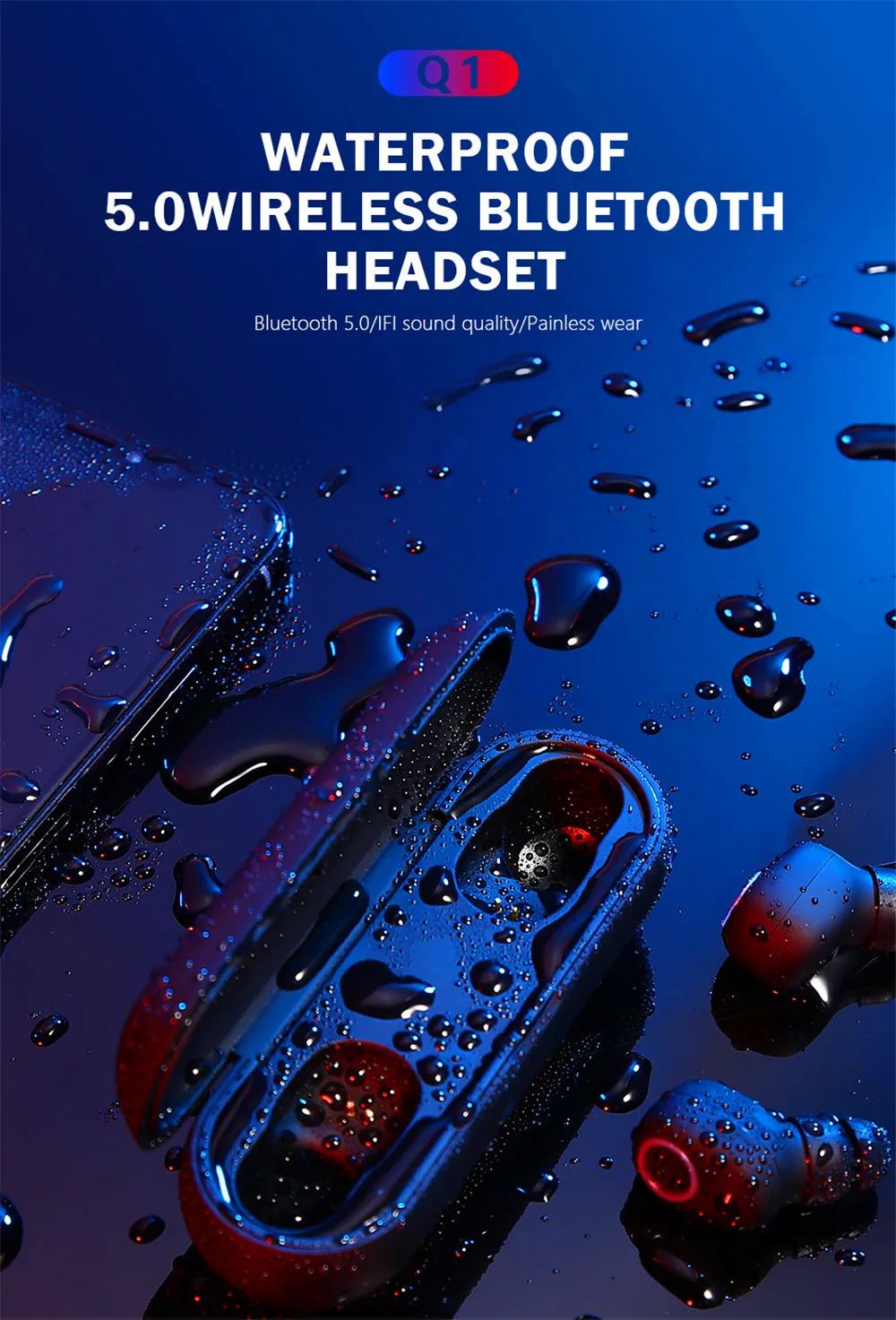 Q1 TWS Bluetooth 5,0, беспроводные наушники, мощные, в ухо, мини наушники, HiFi 5D, стерео, спортивные наушники, IP5, водонепроницаемая гарнитура, без головы