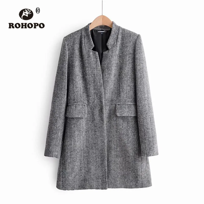 ROHOPO V воротник, твид, пуговицы, серая смесь, пальто с отворотами на талии, вельветовые карманы, расклешенный подол, Осеннее элегантное пальто#295
