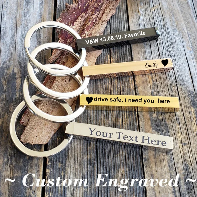 LLavero de barra 3D personalizado, de acero inoxidable, con cuatro coordenadas laterales, grabado personalizado, regalo para hombre y mujer