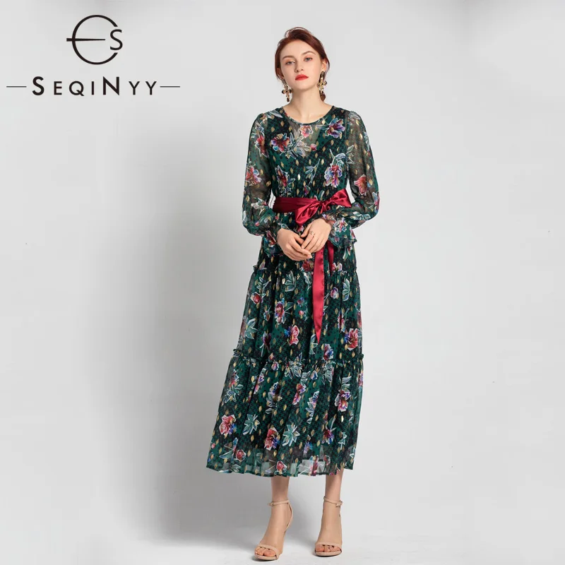 

SEQINYY Casual Dress 2020 Summer Spring New Fashion Design Women Flower Print Green Midi Dress Red Belt