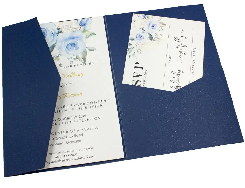 2x простые три сложения свадебные пригласительные карты с конвертом, вставкой, RSVP 3 сложения лазерная резка карман складные пригласительные карты - Цвет: pearl dark navy