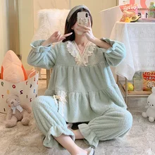 2021 Korean Pajamas Women's Autumn And Winter Thickened Coral Velvet Loose Large Suit Lovely Princess Flannel Warm Home Clothes