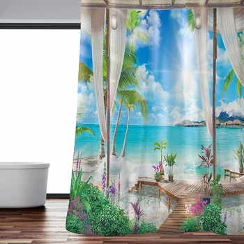 

Creative Tropical Bay Printing Shower Curtain with 12pcs Hooks Durable Waterproof Polyester Bathtub Hanging Curtains