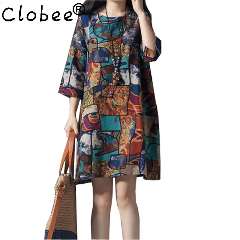 Туника 2019 весна осень винтажное хлопковое льняное платье с принтом короткий