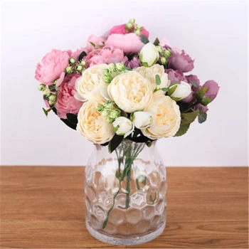 

Fake Flowers Faux 30cm Rose Pink Silk Bouquet Peony Artificial Flowers 5 Big Heads 4 Small Bud Bride Wedding Home Decoration