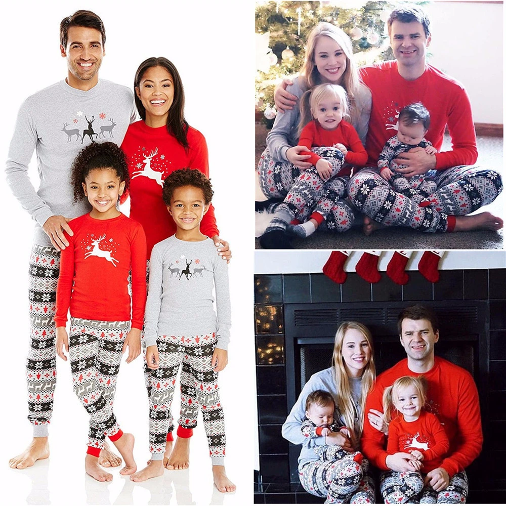 

Family Christmas Pajamas Sets Mom and Kid Clothes Deer Print Long Sleeve Sweatershirt+Pants 2pcs Family Matching Clothes Outfit