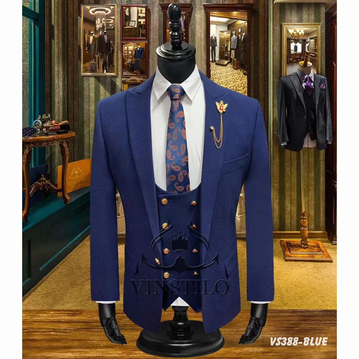 Brand Blue Solid Color Suit Men Groom 
