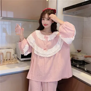 

Autumn Cotton Ladies Pajamas Suit Lace Long-sleeve Ruffle Round Neck Pyjamas Sweet Cute Loose Home Princess Nightwear 2pcs Set