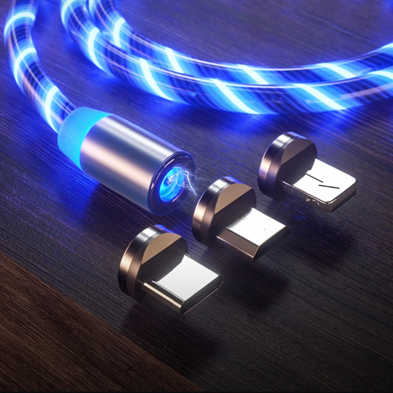 LED Lighting Magnetic USB Cable Flow Luminous Phone Cable for iPhone Type C Micro Data Wire for Apple Samaung Huawei Micro Kable