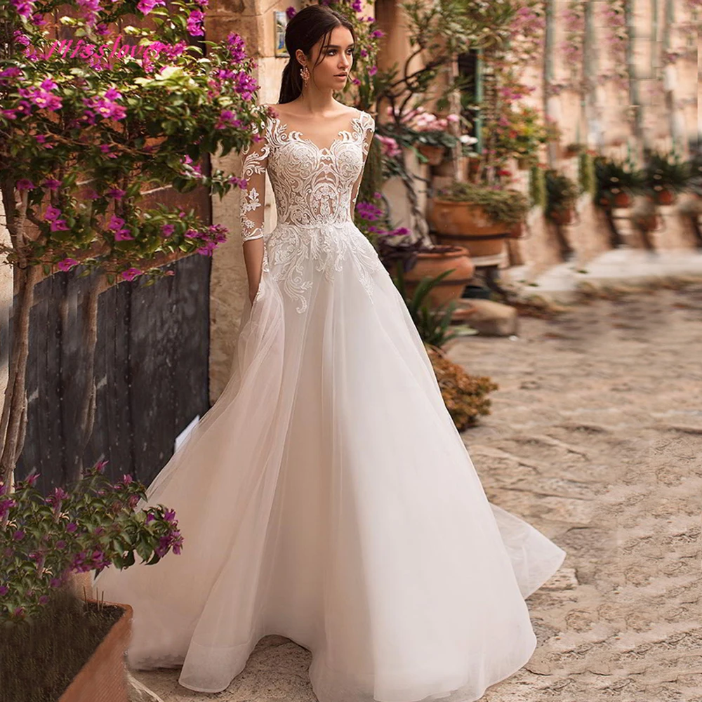 Vestido De Noiva Винтаж из кружева, с вырезом на шее свадебное платье с аппликацией Иллюзия Половина рукава А-силуэт свадебные платья