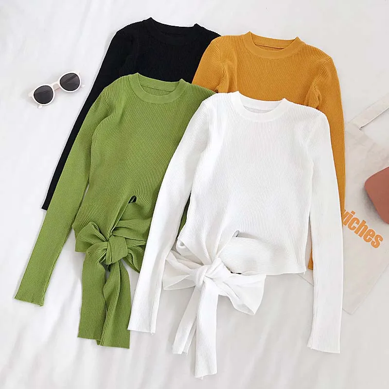 

Autumn Female Bandage Long-sleeved Sweater Pullover Korean Fashion Slim Knitting Shirt Sweater Casual Women Tops Pull Female