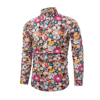 

2020 Hawaii Colorful Flower Print Men's Turn Down Collar Long Sleeve Shirt Fit Slim Top