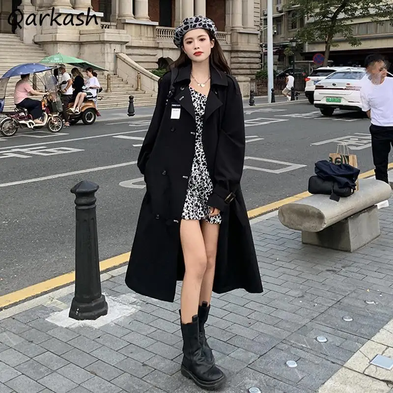 

Women Trench Black Long Trendy Loose All-match Females Outwear Leisure Letter Teenagers Double Breasted Korean Style New-arrival