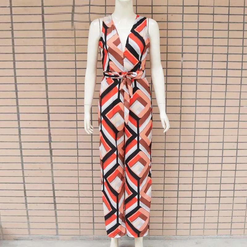Women Geo Printed V Neck Wide Leg Pants Jumpsuit Sexy Sleeveless Party Long Jumpsuit Ladies Summer Beach Maxi Overalls