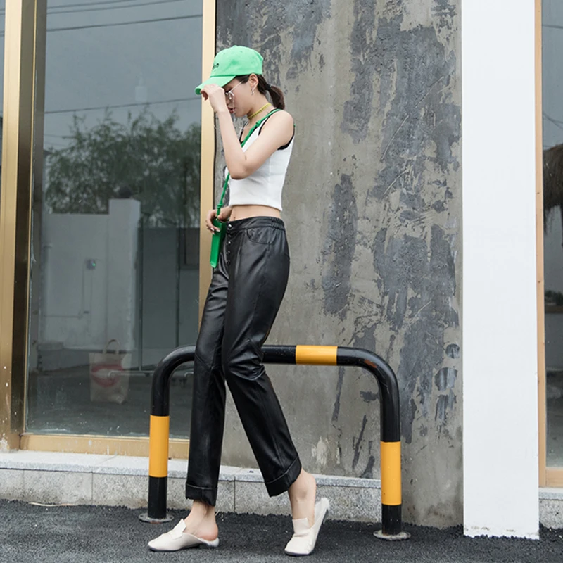 Женские брюки из натуральной кожи Pantalon из натуральной кожи, черные узкие брюки-карандаш с заклепками, женские зимние уличные брюки