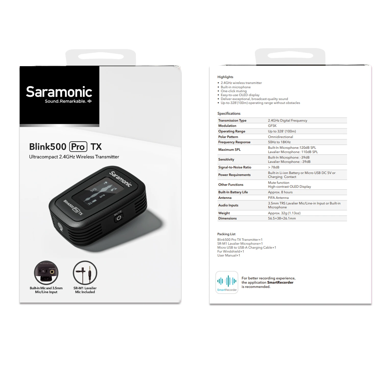 Saramonic Blink500 Pro TX 2.4GHz Wireless Transmitter for Blink500 Pro Receiver built-in Mic and 3.5mm Mic/Line input