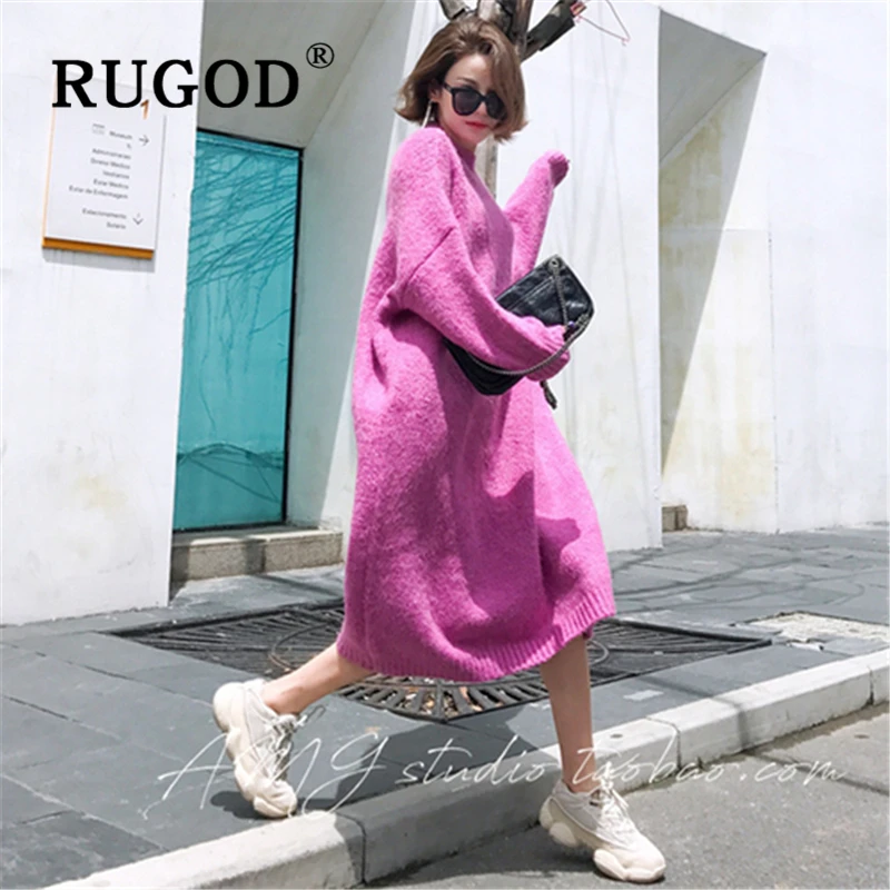 RUGOD модное платье-свитер большого размера, женское корейское однотонное платье с круглым вырезом и рукавами летучая мышь, макси длинное трикотажное платье, повседневная верхняя одежда