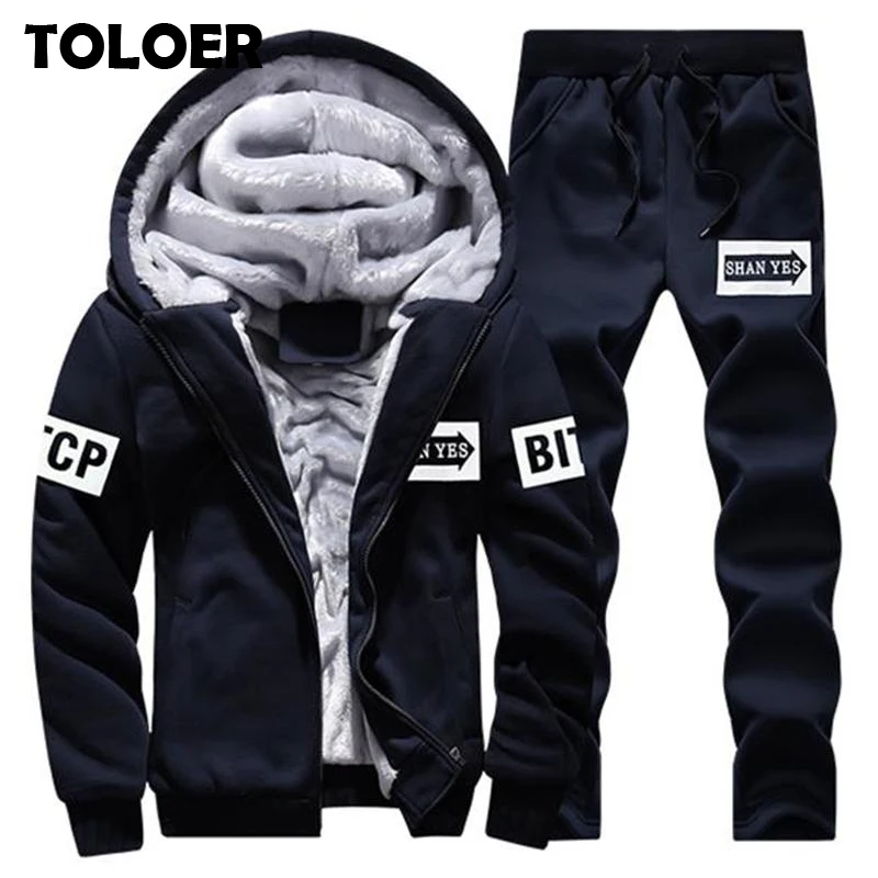 Casual Thick Hoodies Men Inner Fleece Hooded Sweatshirts Male Winter Tracksuit Two Pieces Hoodie With Pant Moleton Masculino | Мужская