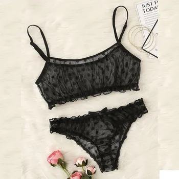 

Bra Brief Sets Women Sexy Dot Mesh Bra Bowknot Underpants Sleepwear Black Lingerie Set S-XL Women Underwear Girl Sexy lingerie
