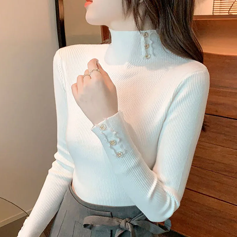 

Turtle Neck Women Knitted Bottomed Female Sweater 2021 French Sweater Pullover White Black Apricot Solid Dropshipping 1417