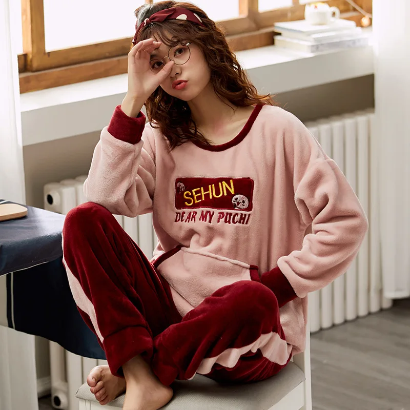Fashion Thick Warm Winter Pajamas Set 2020 Flannel Cute Sleepwear Women Girl Suit Long Sleeve Pants Home Clothes Casual 2 Pieces