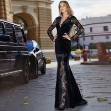 Арабское вечернее платье русалки с длинным рукавом, новинка, кутюр, Дубай, вечерние платья на заказ, кружевное бархатное платье для выпускного вечера, турецкие кафтаны