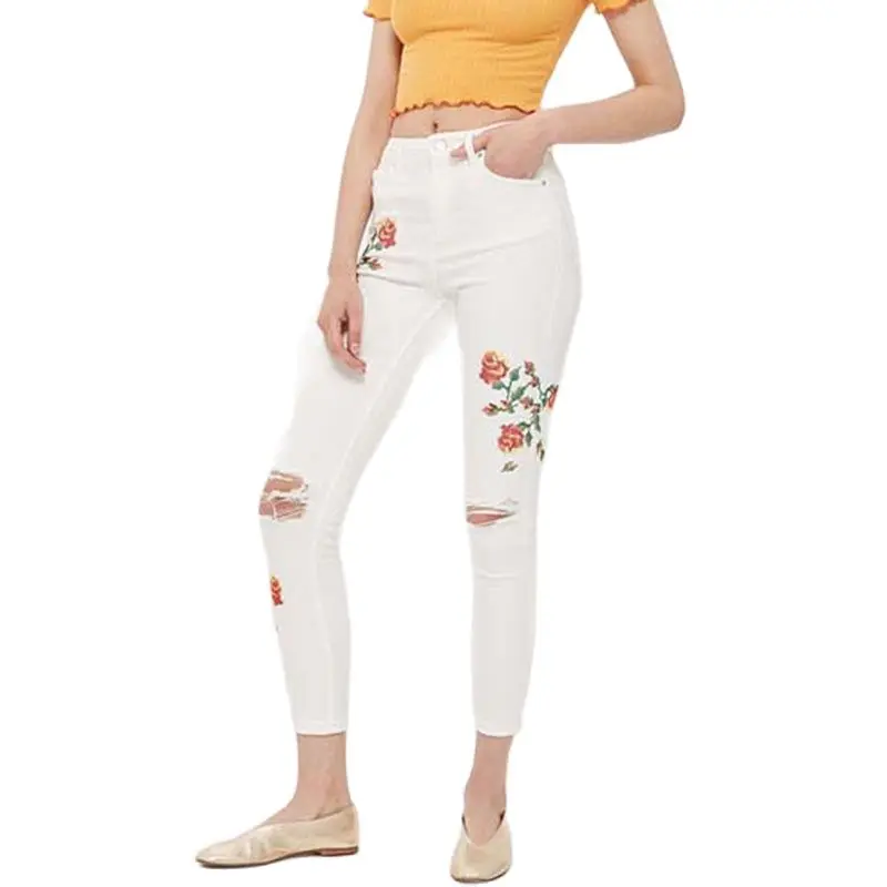 

Large Size Elastic Hole embroidery Jeans With High Waist Women Computer Embroidery Rose Stretch Pencil Ripped Jeans Skinny Jeans