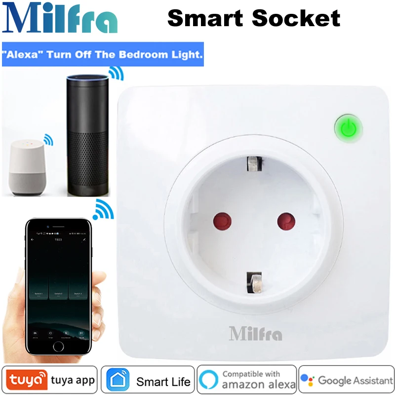 

Milfra Wifi Socket Smart Power Plug Voice Phone Remote Control 16A 86*86mm EU Standard Wall Outlet for Alexa Tuya Smart Life App