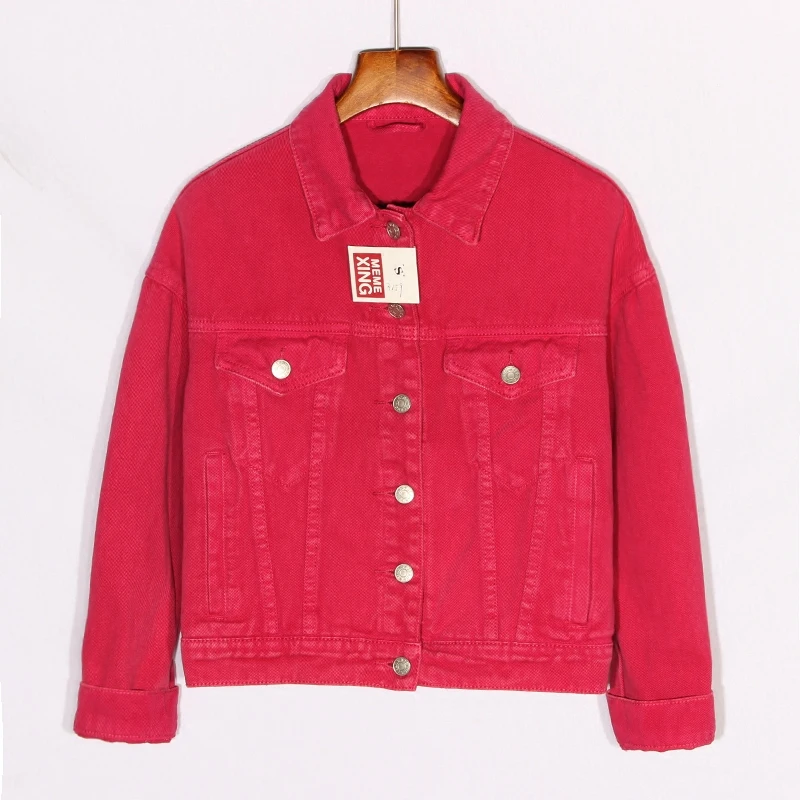 

Autumn Korean Fashion Red Denim Jacket Women Outerwear Chaqueta Mujer Big size Slim Long Sleeve Short Jeans Jacket Coat Female