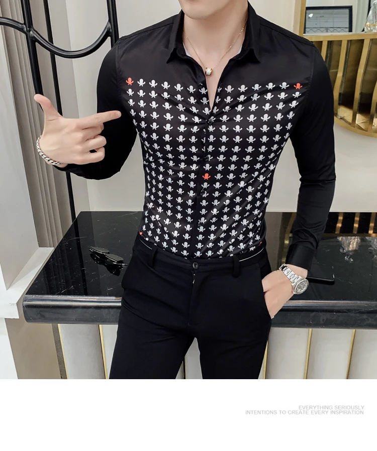 Camisa Hombre, осенняя мужская рубашка в британском стиле, мужская рубашка с длинным рукавом с индивидуальным принтом, тонкая мужская Роскошная Клубная рубашка-смокинг
