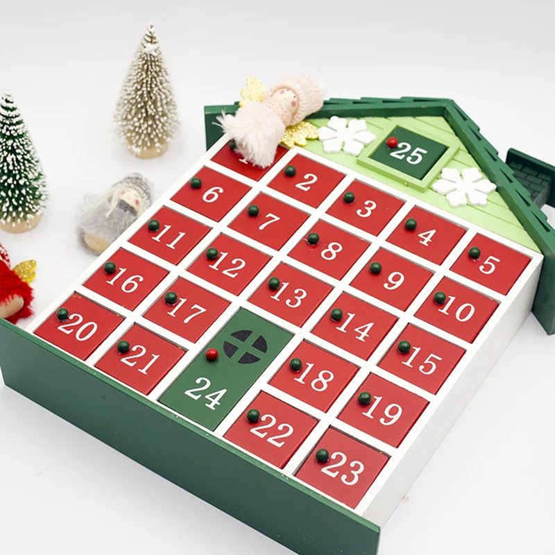 Деревянный красный дом, Рождественский календарь обратного отсчета, рождественский подарок, коробка для хранения, Декор