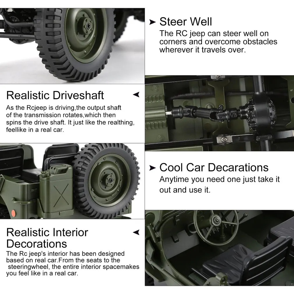  C606 1:10 RC Car 2.4G 4WD Convertible Remote Control Light Jeep Four-Wheel Drive Off-Road Military 