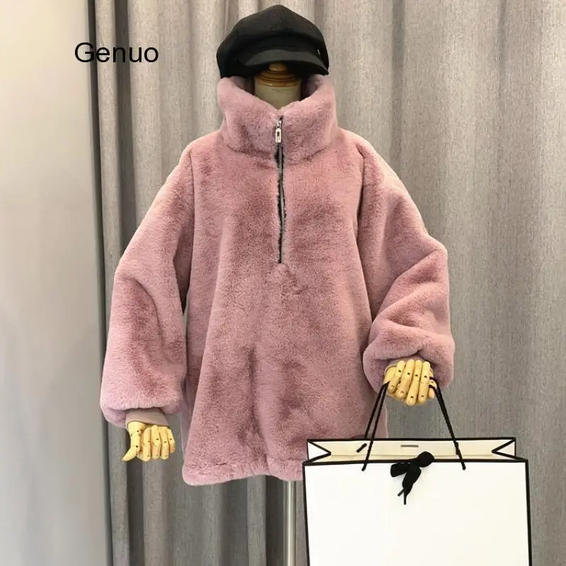 

Winter Casual Faux Fur Hoodie Women Plush Warm Fleece Oversized Sweatshirts 2020 Autumn Ladies Pullovers Pink Top