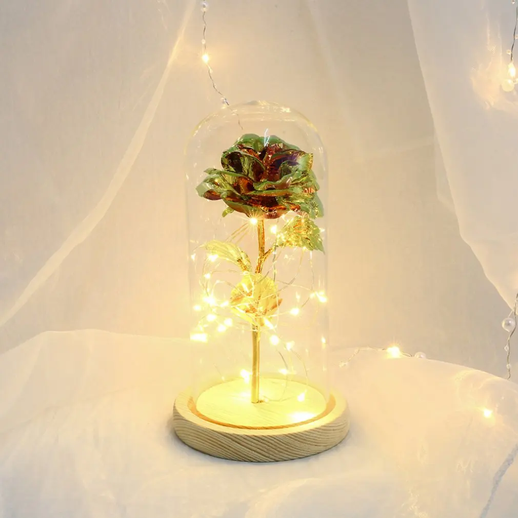 Цветок розы свет со стеклянной крышкой украшение светодиодный ночник светодиодный свет день рождения украшение пластиковый цветок Прямая