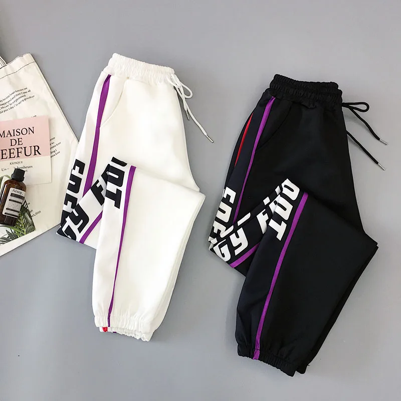 Женские спортивные штаны джоггеры, новинка года, весенне-осенние женские брюки до щиколотки с буквенным принтом черные и белые штаны в Корейском стиле для девочек-подростков, N51