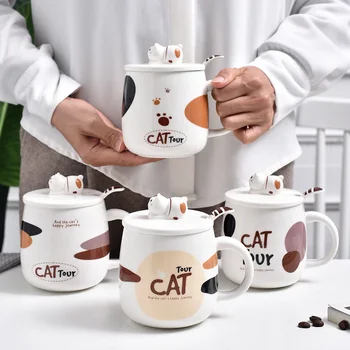 

Creative Color Cat Heat-resistant Mug Cartoon With Lid 450ml Tea Cup Kitten Coffee Ceramic Mugs Children Cup Office Drinkware